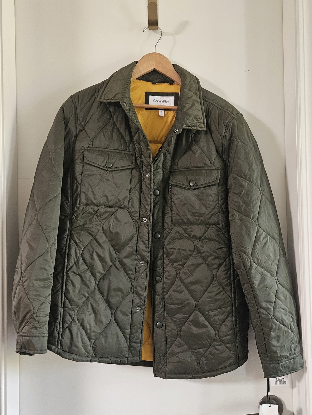 Calvin Klein Olive Quilted Shirt Jacket with Mustard Lining